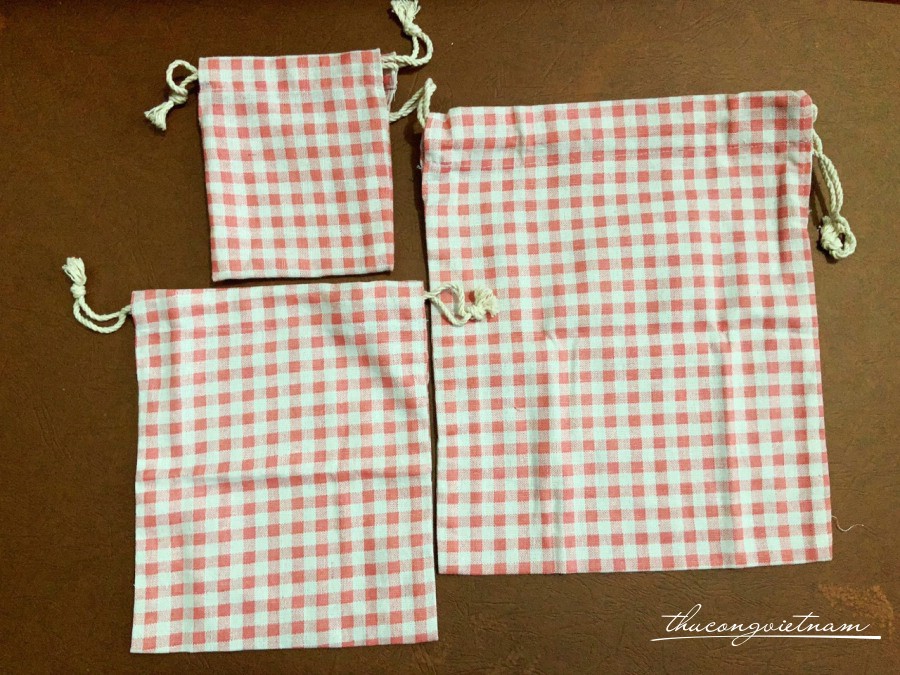 Set 3 túi rút vải bố - Caro hồng